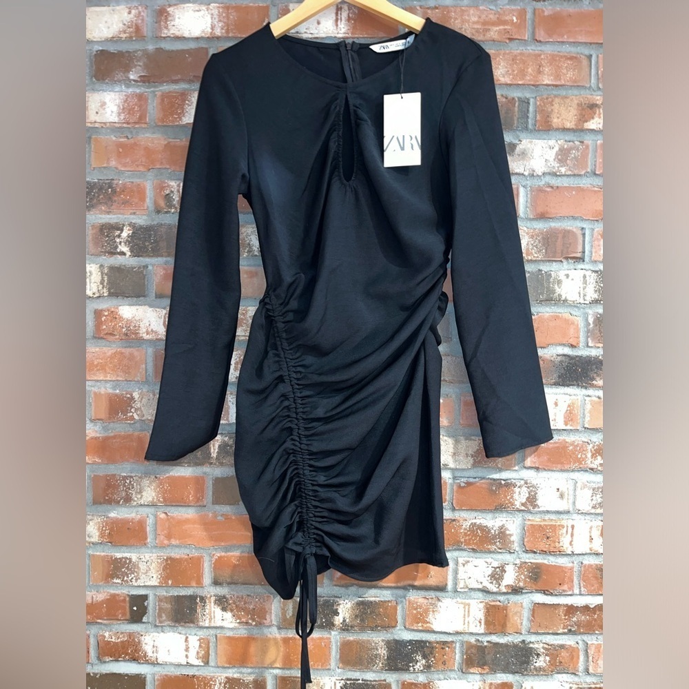 NWT Black Zara Long Sleeve cinched DRAPED MINI DRESS size Small